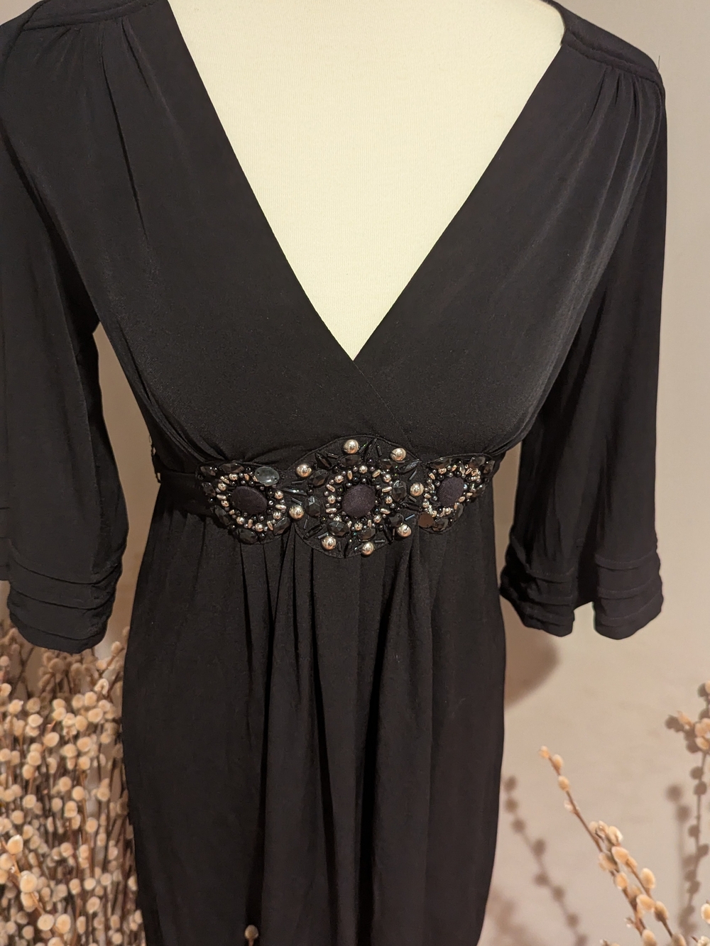 Ice Black V-Neck Midi Dress with Beaded Waist